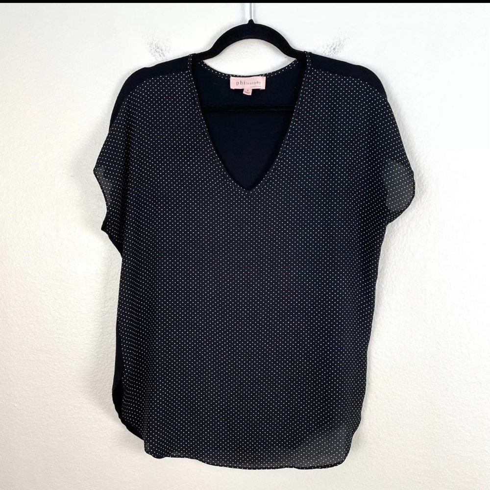 NWT Philosophy black short sleeve top with white polka dots